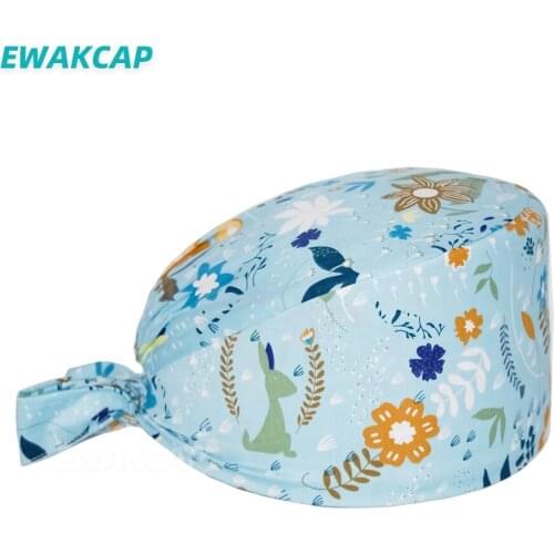 Nurse Scrub Cap Floral Printing Bouffant Sanitary Hat with Sweatband Cartoon Anime Nurse Nursing Scrubs Caps