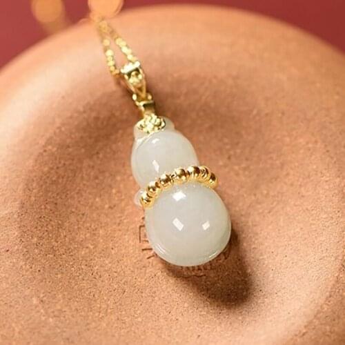 SNew Silver Natural Hetian White Jade Gourd Pendant Necklace Jade Chinese Retro Jasper Palace Style Womens Brand Jewelry