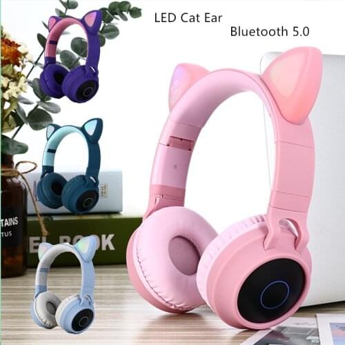 LED Cat Ear Headphones Noise Cancelling Bluetooth 5.0 Adults and Kids Headset Support TF Card FM Radio With Mic Wireless+Wired