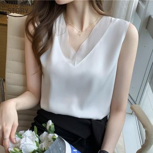 Summer Women Tank Top Solid Office Lady 2021 New Satin Vest Spliced Chiffon V Collar Sleeveless Loose Clothes Blusas Mujer 15071