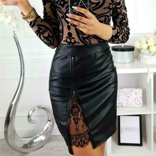 2020 Women Skirt New Fashion Office Elegant Ladies Mini Lace Patchwork High Waist PU Leather Zipper Split Bodycon Party Clothing
