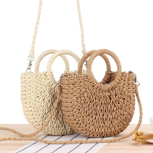 Summer Handmade Bags for Women Beach Weaving Ladies Straw Bag Wrapped Beach Bag Moon shaped Top Handle Handbags Totes 2021