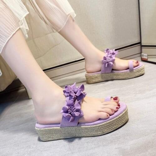 Trendy Fashion Elegant Flowers Ladies Slippers Summer New Slope Heel Casual Beach Shoes Outer Wear Large Size 35-43
