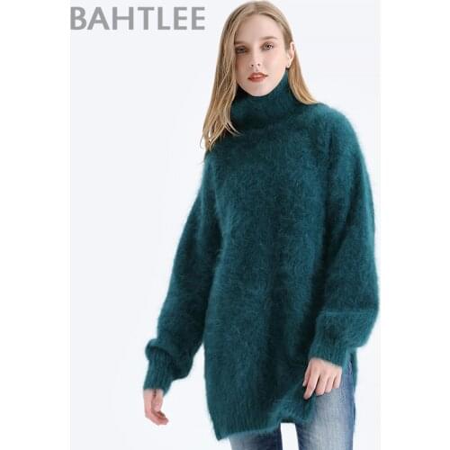 BAHTLEE Women Angora Pullovers Sweater Autumn Winter Wool Knitted Jumper Long Sleeves Turtleneck Loose Style