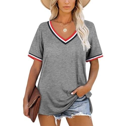 2021 Summer V-Neck Stitching Shorts Sleeve Women Top Plus Size 3XL Casual Soft Tees Fashion All-Match Striped Ladies Clothing