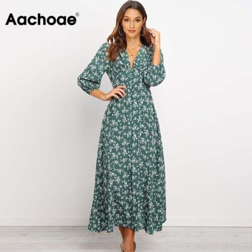 Aachoae Women V Neck Long Shirt Dress 2020 Autumn Floral Print Three Quarter Sleeve Split Dress Casual Button Boho Midi Dresses
