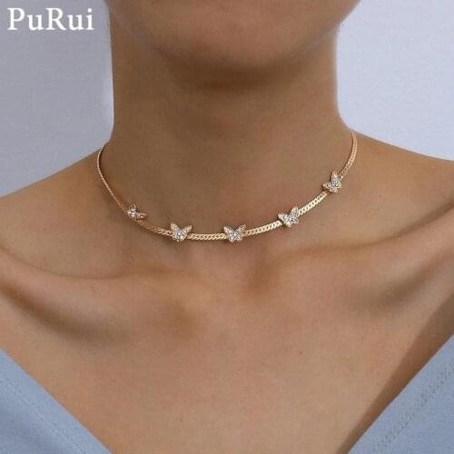 PuRui Goth Butterfly Necklace for Women Kpop Vintage Gold Color Crystal Chain Choker Necklace Korea Collares Fashion Jewelry