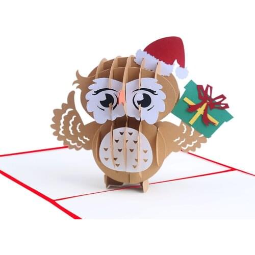 10pcs Wholesale 3D Handmade Christmas Cap Cartoon Owl Paper Invitation Greeting Cards Postcard Kids Birthday Party New Year Gift