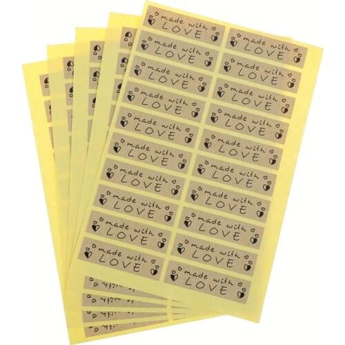 100 Pcs/5Sheets DIY Made With Love Stickers Paper Kraft Sealing Crafts Hand Made Labels Packaging Point Sticker