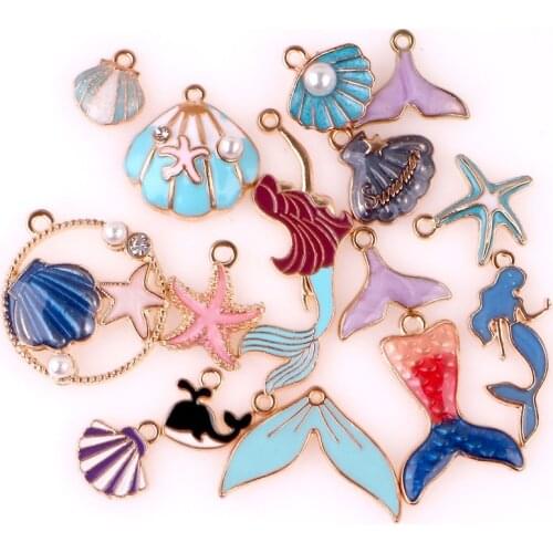 15pcs/lot MIX Enamel Starfish Shell Mermaid Fish tail Whale Pendant Ocean series Star For DIY Earring Necklace Charms 23619