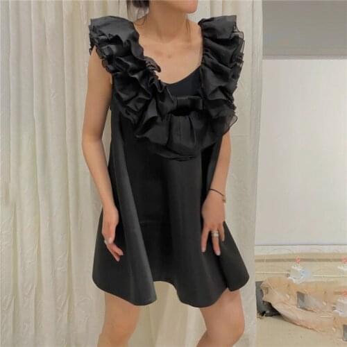 2021 Spring Summer New French Ladies Style Bowknot Deep V-neck Dress Design Ruffled High Waist Mini Black Party Dress Y844