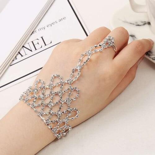 Shining Rhinestone Woman Back of hand Chain Bracelet Latin Dance Geometry Ring Trendy Prong Setting Bride Wedding
