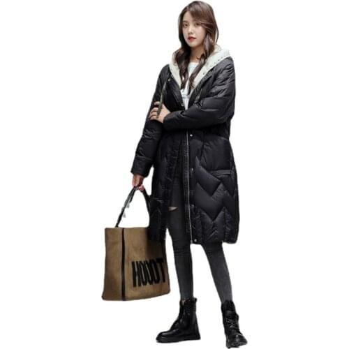 Down jacket womens middle and long style 2020 winter Korean version loose and thin white duck down thickened warm over the knee