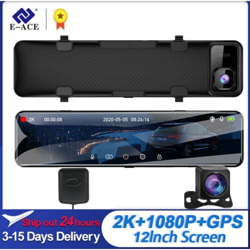 E-ACE A46 2K Car Dash Camera Mirror 12 Inch Touch Driving Recorder Night Vision Dashcam DVRs support GPS 1080P Rear Camera