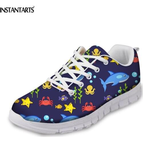 INSTANTARTS Womens Flats Casual Lace-up Light Weight Sneakers Zapatos Mujer Cute Cartoon Sea Animal Shark Dolphin Flat Shoes