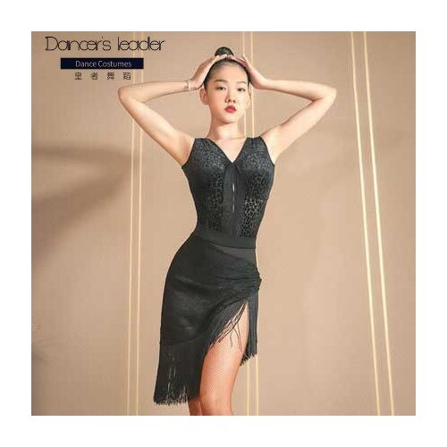 Latin dance jumpsuit new style V-neck blouse flocking leopard mesh practice clothes female adult Chacha Lumba dance costume