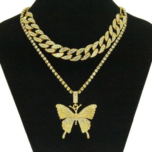 Hip Hop 2pcs /kit Full Rhinestone Cuban chain necklace big butterfly Pendant Necklace For men and women Jewelry