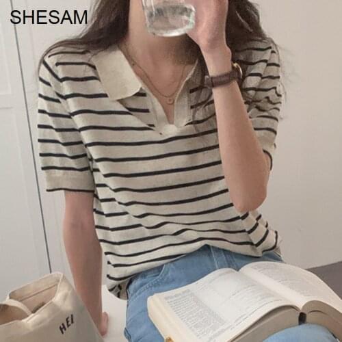 Korean Chic Lazy Style T Shirt Lapel Contrast Stripe Design Tops Loose And Versatile Short Sleeve T-shirt Womens Top