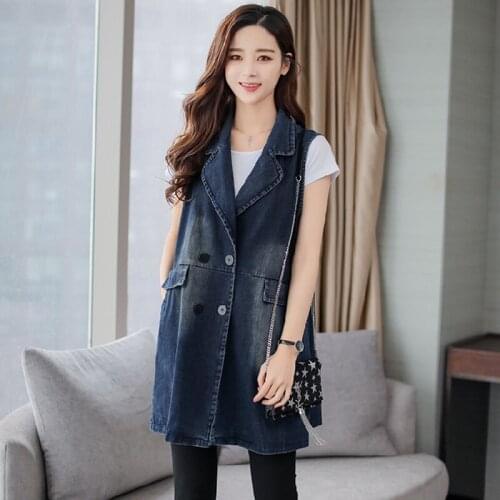 Women Spring Jacket Denim Vest Sleeveless Jacket Plus Size Double Breasted Long Coat Korean Fashion Outerwear Female Clothing