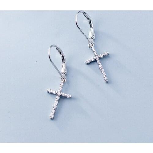 MloveAcc 2019 100% 925 Solid Real Sterling Silver Cross CZ Dangle Earrings for Women Girl Christmas Gift