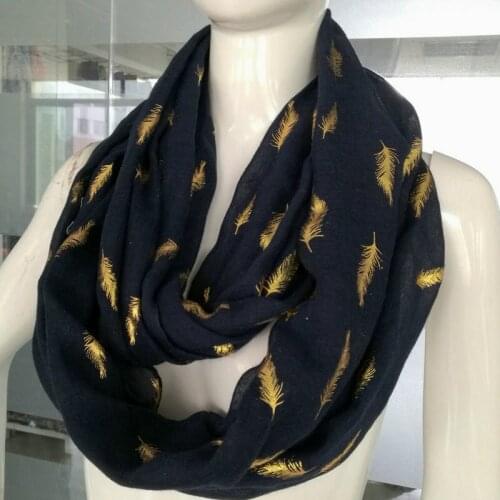 Fashion Feather Pattern Gold Foiling Scarf TR Cotton Viscose Infinity Shawl For Women Neck Warmer Loop Scarves YG202
