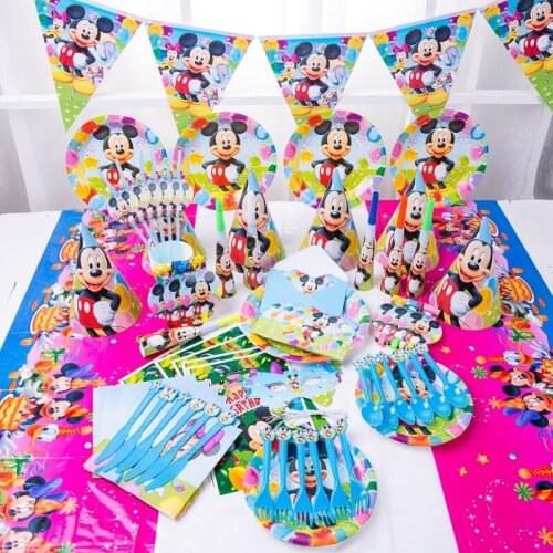 Disney Mickey Mouse Theme Party Disposable Tableware Set Plates Cups Flags Banner Kids Birthday Party Decor Supplies Favors
