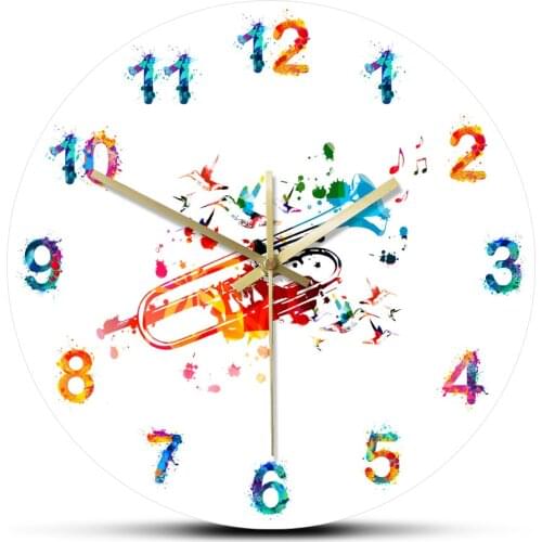 Colorful Trumpet with Music Notes Acrylic Printed Wall Hanging Clock Acoustic Music Art Audio Equipment Musician Home Decoration