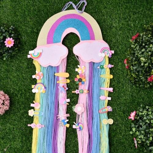 Rainbow Tassel Wall Hanging Ornaments Hair Bows Storage Belt Girls Room Hair Clips Hanger Organizer Tapestry Home Decoration