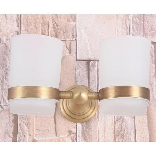 Wall Mounted Vintage Retro Antique Brass Bathroom Toothbrush Holder Set Bathroom Accessory Dual frosted Glass Cup mba739