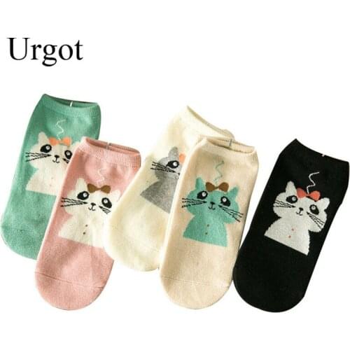 Urgot 5 Pairs Ankle Socks Womens Cute Cartoon Animals High Quality Combed Cotton Socks Summer Breathable Soft Sock Calcetines