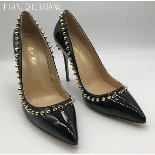NEW Style Hot Sales Women Black Patent Leather Rivets Shoes Fashion Sexy Pumps High Heels Shoes