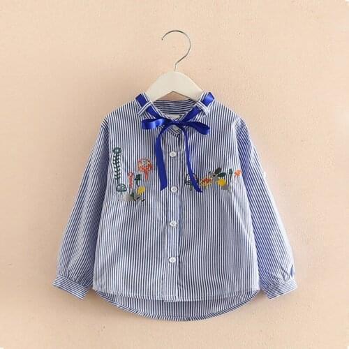 2017 Autumn Casual New Baby Girls Blouse Cute Ribbon Bow Collar Shirt Long Sleeve Striped Blouse Embroidery Flower Girls Tops