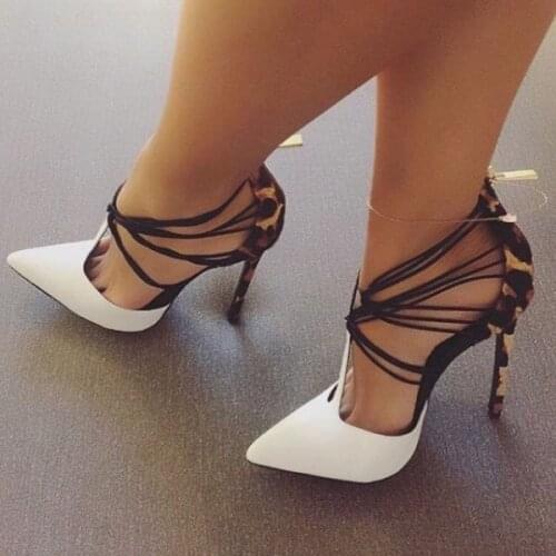 Sexy White Leather Pointed toe T-Strap Sandals Leopard Cover High Heels Gladiator Ladies Crossed Elastic Patchwork Sandals