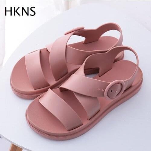 HKNS Flat Sandals Women Shoes Gladiator Open Toe Buckle Soft Jelly Sandals Female Casual Womens Flat Platform Beach Shoes