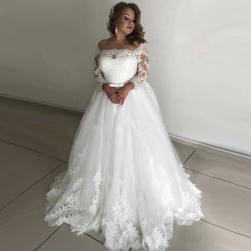 JIERUIZE Modern Plus Size Wedding Dresses Long Sleeves Scoop Neck Lace Appliques Hollow Back Wedding Bridal Gowns robe de mariee