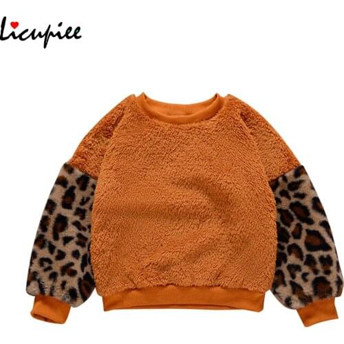 Kid Girl Top, Fall Shirt, Round Neck Long-sleeve Casual Elastic Cuff Hem Warm Leopard Printed Plush Blouse 2-7 Years
