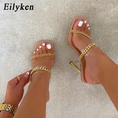 Eilyken Brown Clear PVC Transparent High Heel Slippers Summer Fashion Chain Design Slip On Square Toe Slides Women Mules Pumps