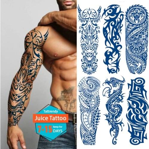 Temporary sleeve tattoo full arm large body art sticker long lasting juice tattoo fake waterproof blue totem tribal dragon tatoo