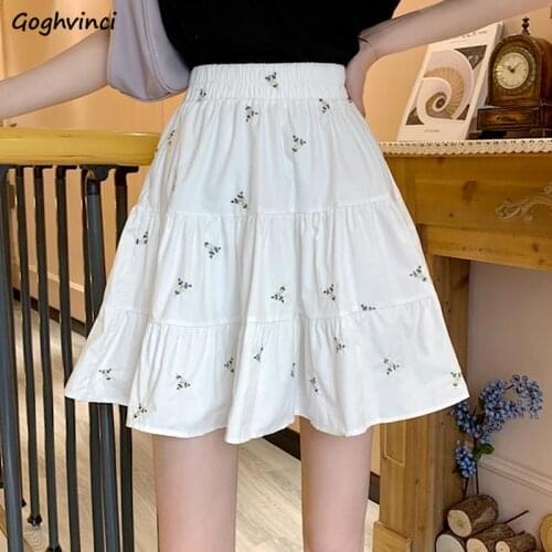 Skirts Women Summer A-line Fashion Design Floral Embroidery Casual Korean Style Elastic Waist Jupe Student Chic All-match Faldas