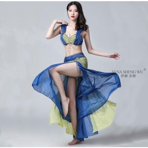 2019 Women Belly dance Bra Skirts Professional Outfit 2pcs Color Mixing Mermaid Dance Costume Set Dance Wear Party Dress Tribal