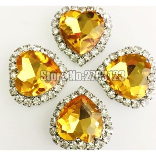 12mm golden yellow heart shape sliver bottom Crystal buckle, 10pcs/20pcs high quality flatback Glass sew on rhinestones SKHY20