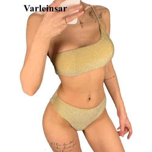Shiny Glitter Sparkling High Waist Bikini Female Swimsuit Women Swimwear Two-pieces Bikini set One Shoulder Bathing Suit V1264