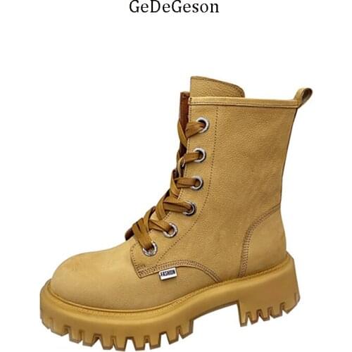 Brand Lacing Up Martins Boots Cowhide Leather 5 cm Square Heel High End Shoes Women European Style Cool Wearing