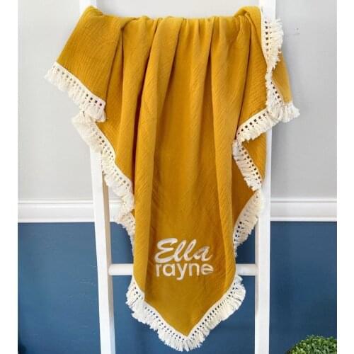 Baby Blankets Newborn Muslin Blanket Boho Custom Name Baby Swaddle Blanket Embroidered Blanket Baby Shower Gift Tassel Blanket