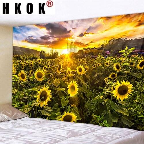 HKOK Mountain Sunflower Natural Landscape Tapestry Hanging Covering Rugs Background Cloth Beach Mat Blanket Art Home Decor