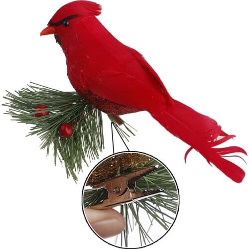 10pcs Realistic Cute Cardinal Clip On Christmas Tree Decoration Red Feathers Artificial Birds With Tree Branch Home Diy Ornament