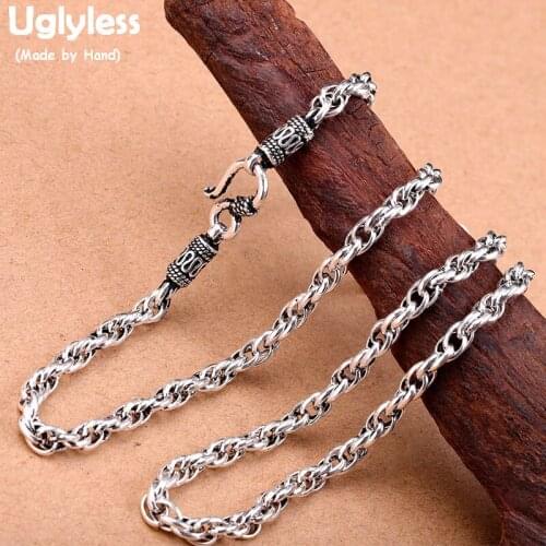 Uglyless Cool Men Twist Chains HIP HOP 4MM Thick Thai Silver Necklaces NO Pendants 925 Sterling Silver Males Fine Jewelry C110