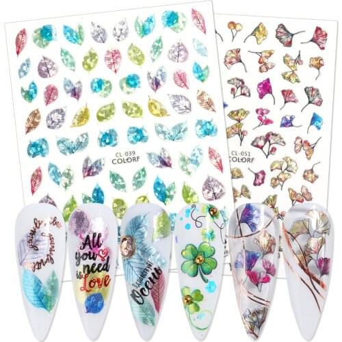 Laser 3D Nail Flower Leaves Stickers Lucky Clover Ginkgo Hydrangea Petals Gel Nails Art Decor Slider Polish Manicure BECL037-052