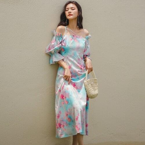 Summer Vintage Puff Sleeve Beach Maxi Dress Party Ladies Elegant Streetwear Casual Off-Shoulder Floral Print Vacation Dress Robe