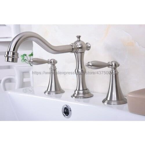 Brushed Nickel Widespread Bathroom Basin Faucet Dual Handle 3 Holes Basin Mixer Sink Taps Deck Mounted Nbn018
